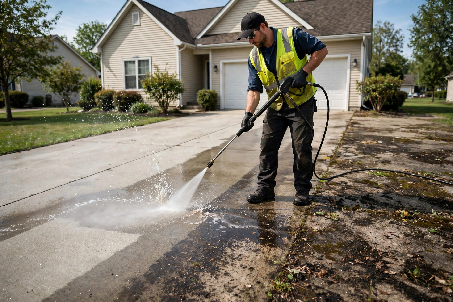 Worker pressure washing a residential driveway in Baton Rouge